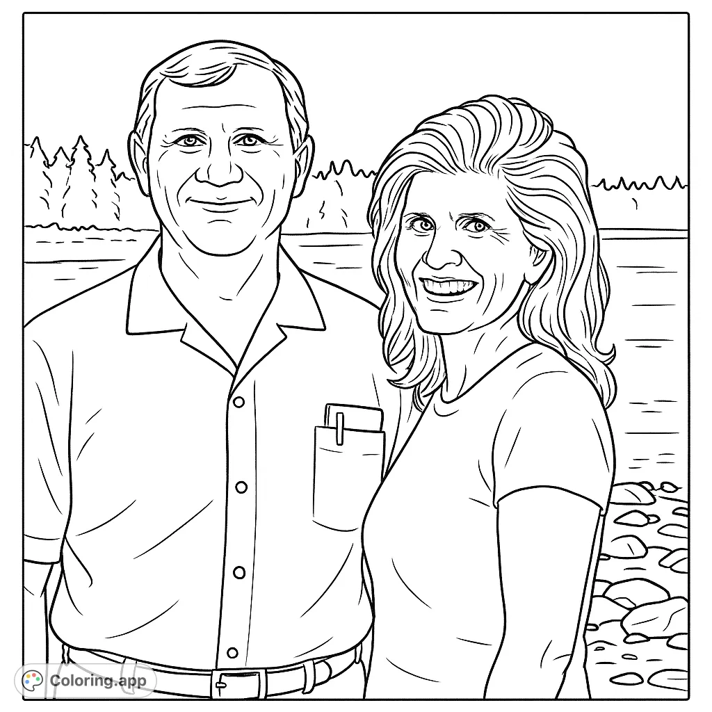 A joyful couple stands by a serene lake with a distant treeline. This free printable coloring page offers a heartwarming scene for all ages.