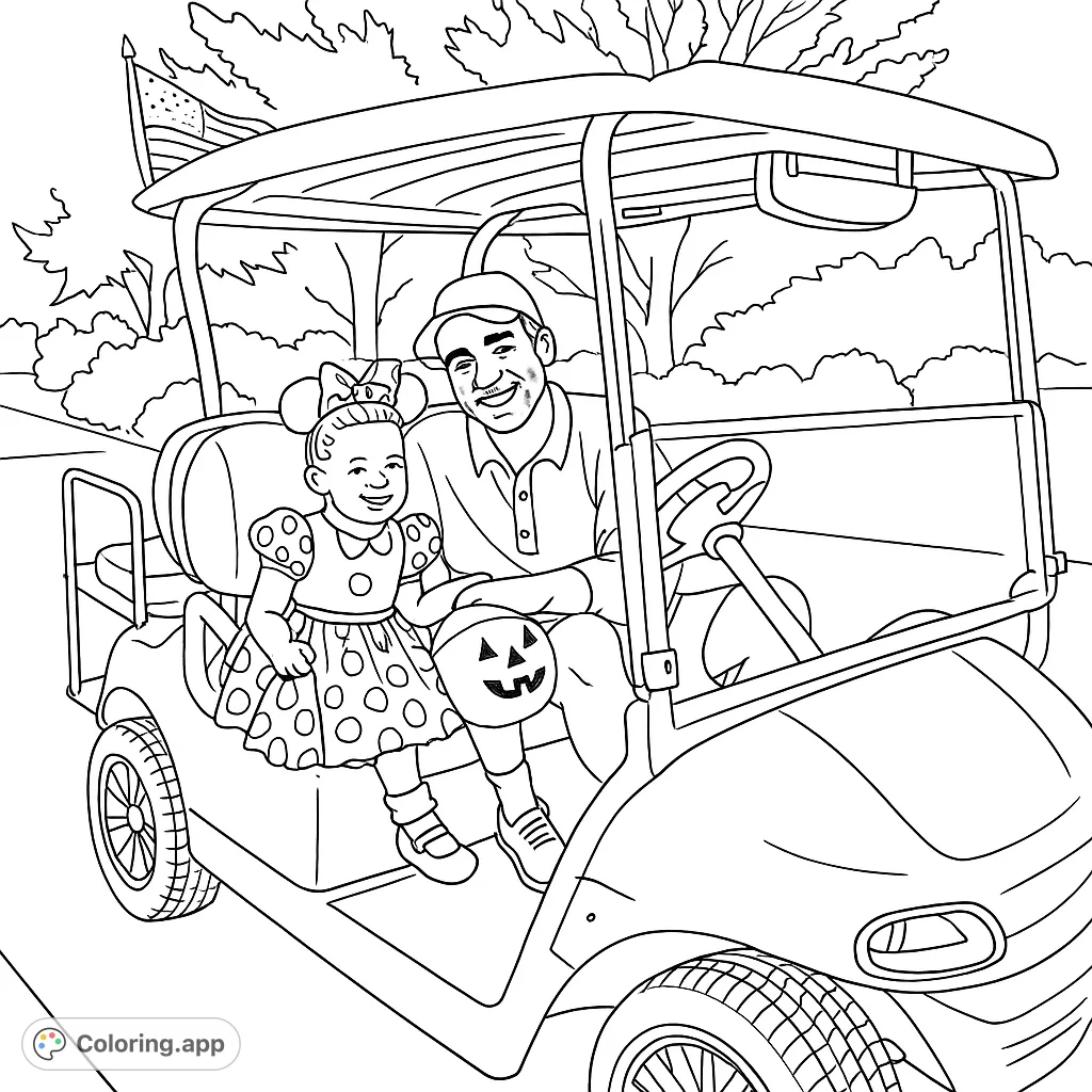A joyful father and daughter in a golf cart, ready for Halloween fun. Features a girl in a polka-dot costume with a pumpkin bucket and an American flag.