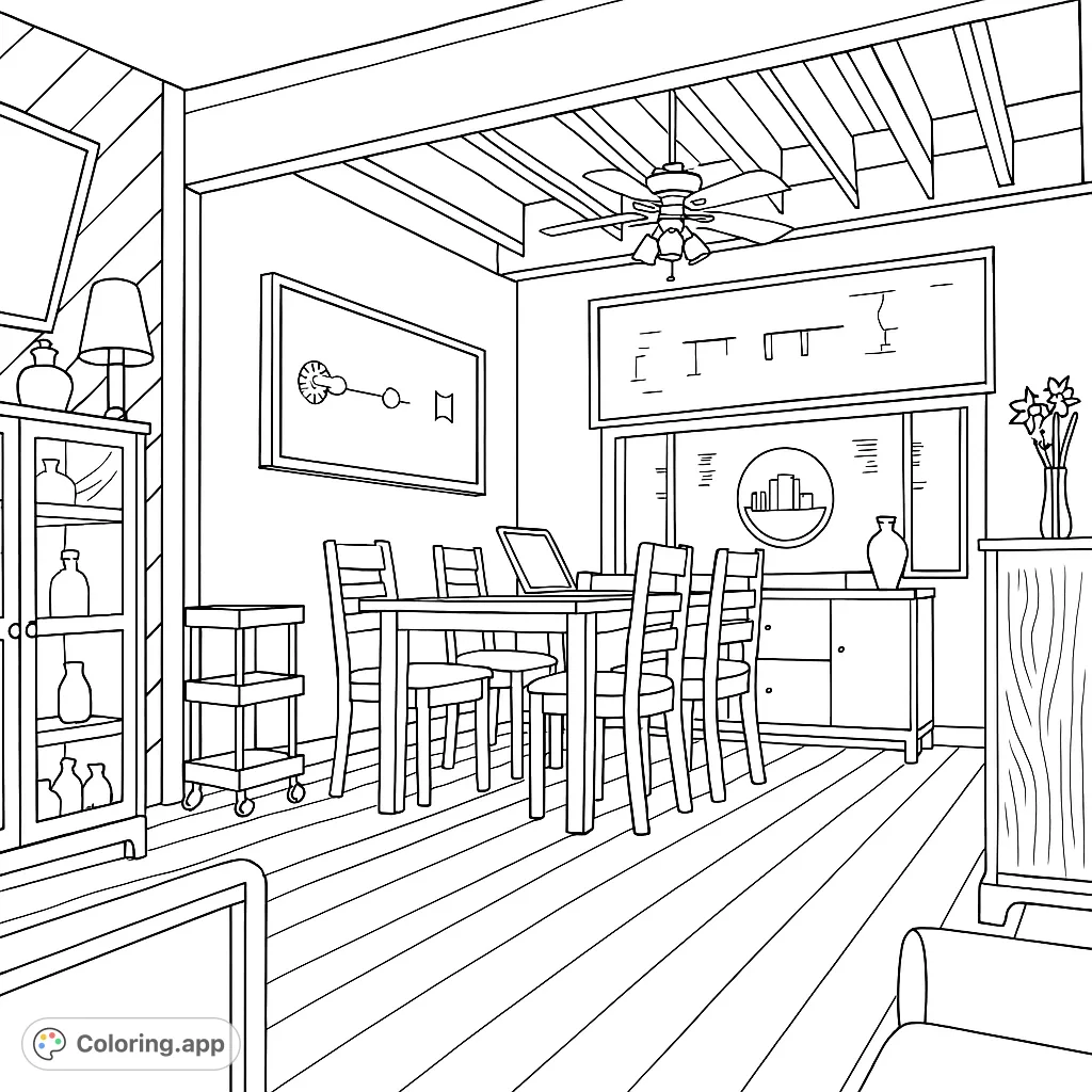 Explore a modern home interior coloring page featuring a detailed dining room with a table, chairs, laptop, and cozy decor elements.