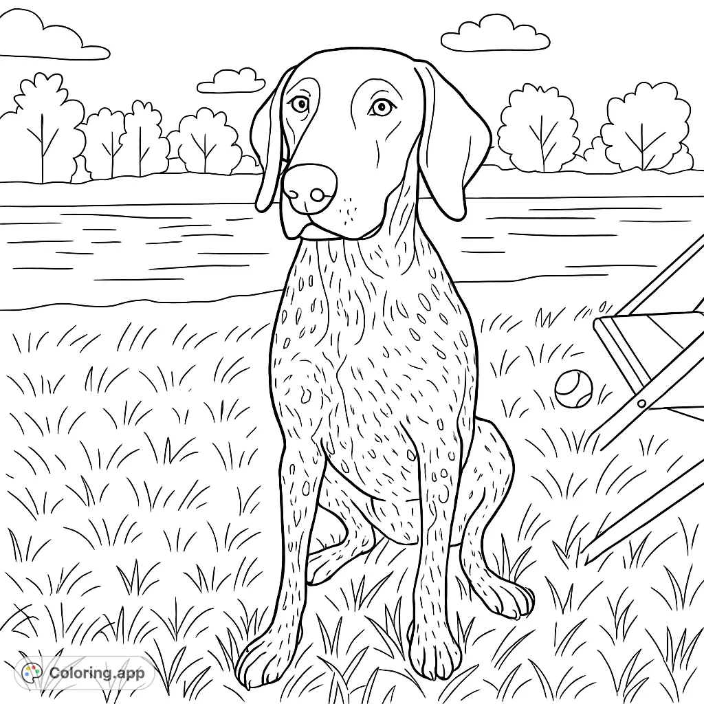A loyal dog sits patiently by a serene lake, surrounded by grass and distant trees, ready for a fun outdoor adventure. Perfect for pet lovers!