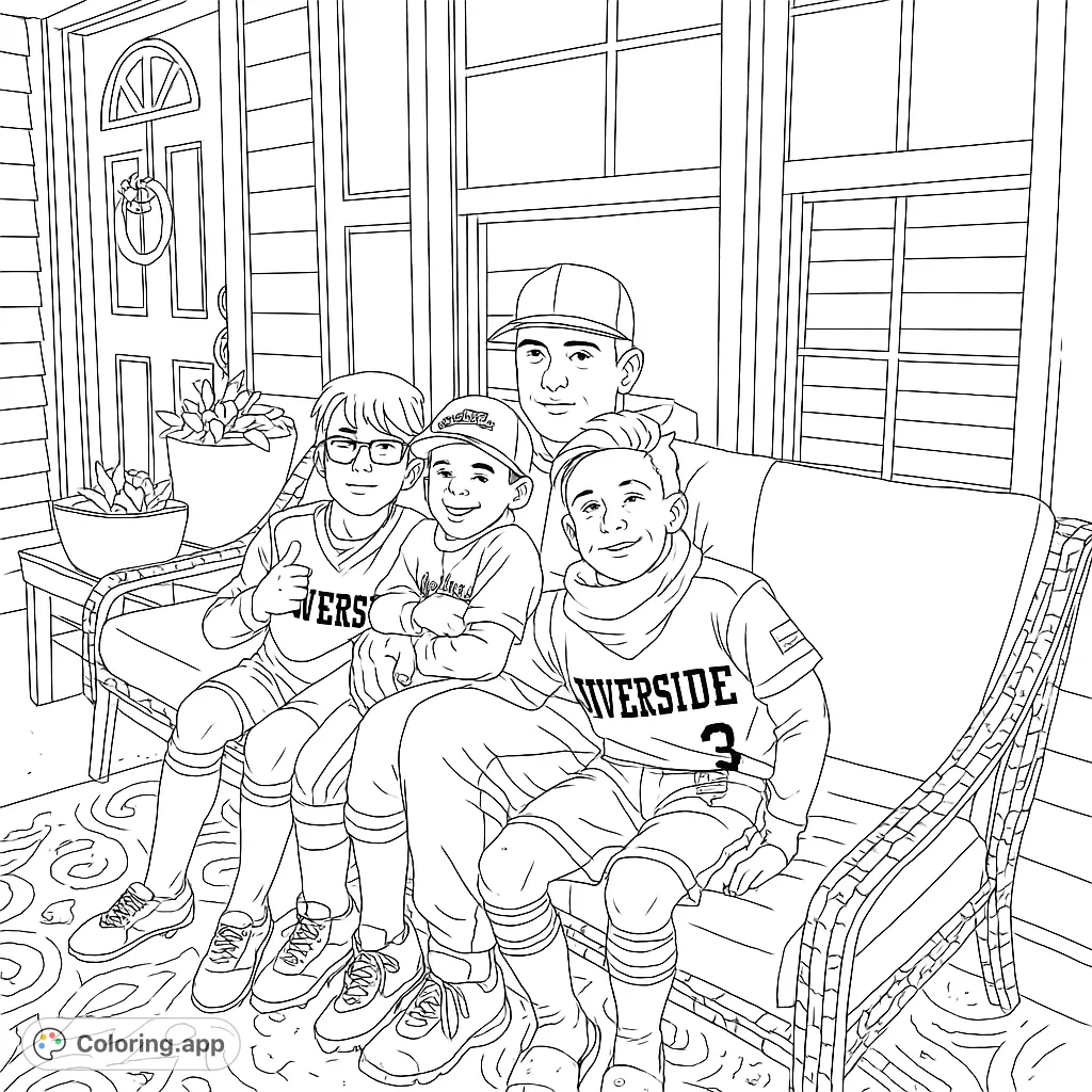 A heartwarming family baseball team portrait on a cozy porch. Perfect for sports fans and family bonding. Free printable coloring page for all ages.