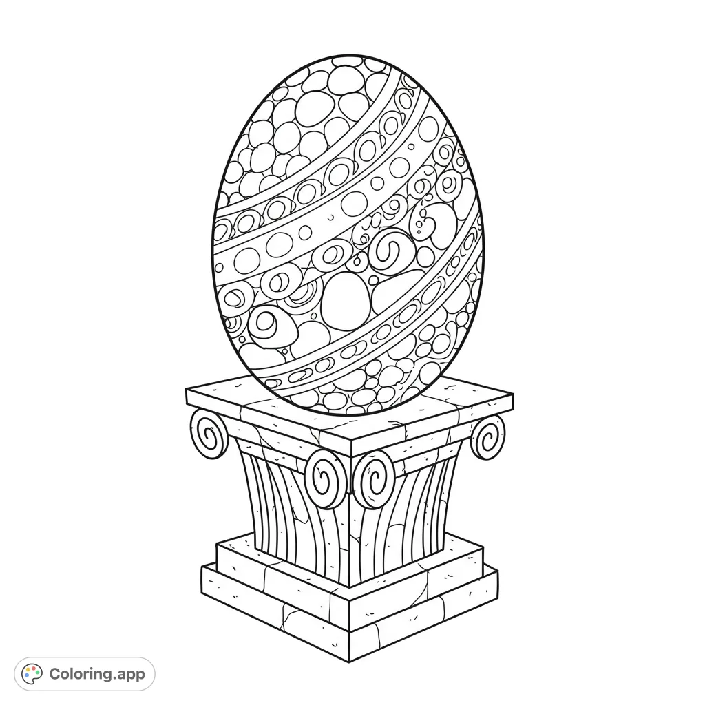 An intricately patterned egg rests on a classical pedestal, featuring diverse geometric and organic designs perfect for detailed coloring.
