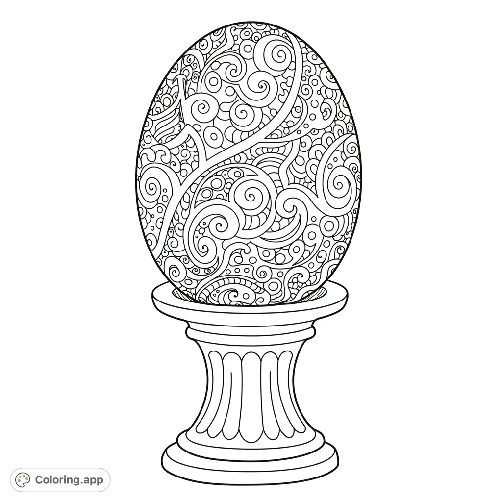 Discover an intricate patterned egg on a classical pedestal. A detailed Easter egg coloring page, perfect for mindful relaxation and creative expression.