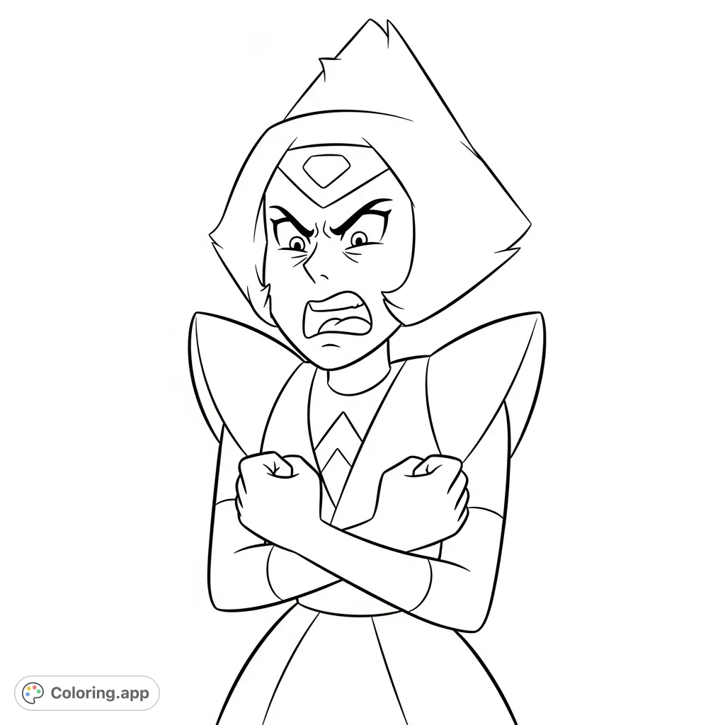 A Peridot coloring page featuring the beloved Steven Universe character in a moment of intense anger, yelling with clenched fists. A free printable coloring page for fans.