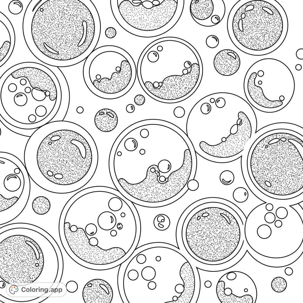 Dive into an abstract bubble and cell pattern coloring page, featuring diverse circles with intricate internal details and textures for a unique artistic experience.