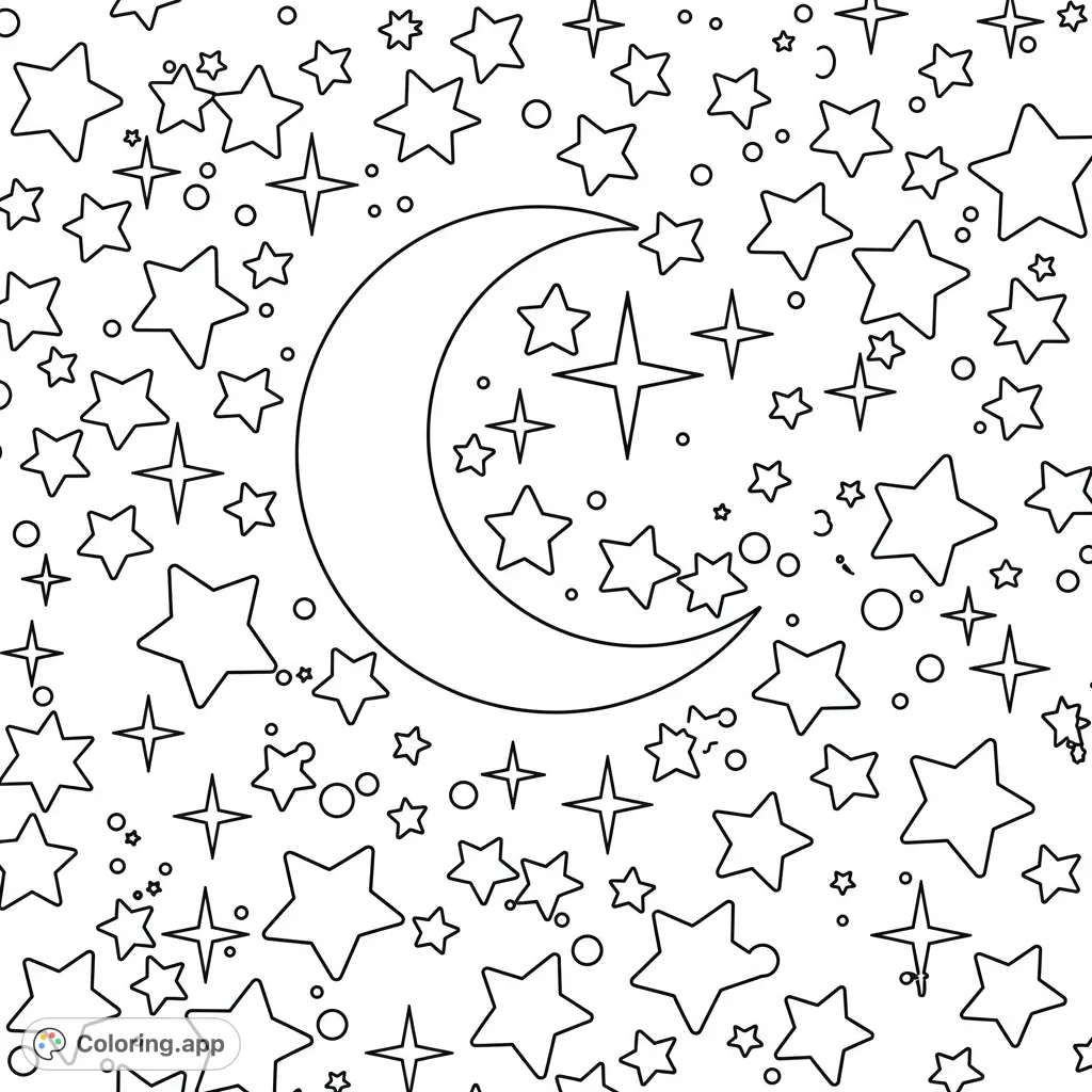 A celestial coloring page featuring a serene crescent moon surrounded by a dazzling array of stars and dots, perfect for cosmic creativity.