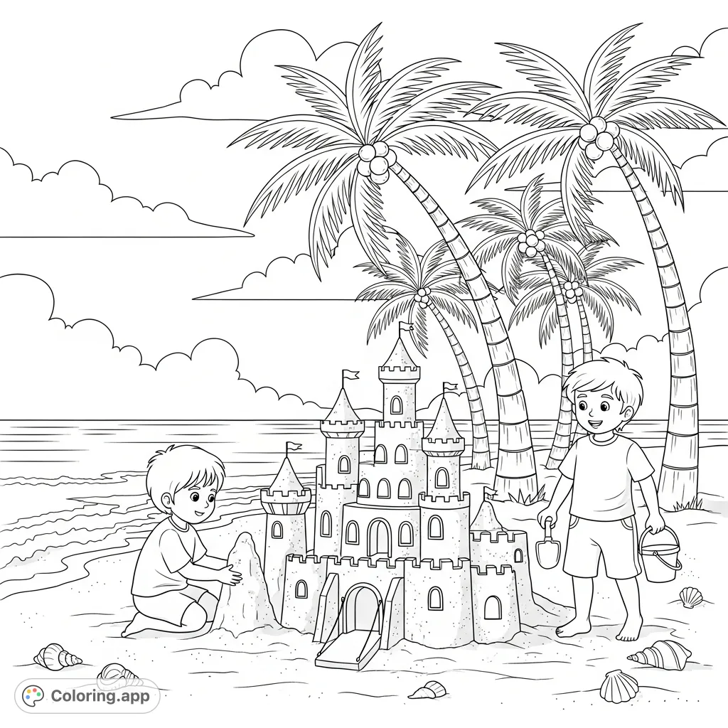 A charming beach scene featuring children building a detailed sandcastle, with swaying palm trees and gentle ocean waves. Perfect for summer-themed coloring fun.
