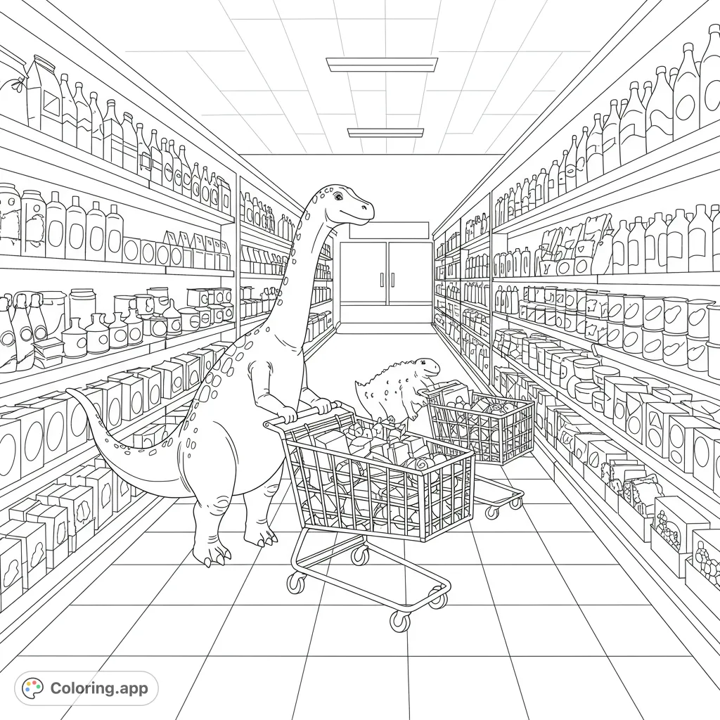Witness a hilarious prehistoric shopping trip! Two dinosaurs push carts through a detailed grocery store, filled with fun items to color.