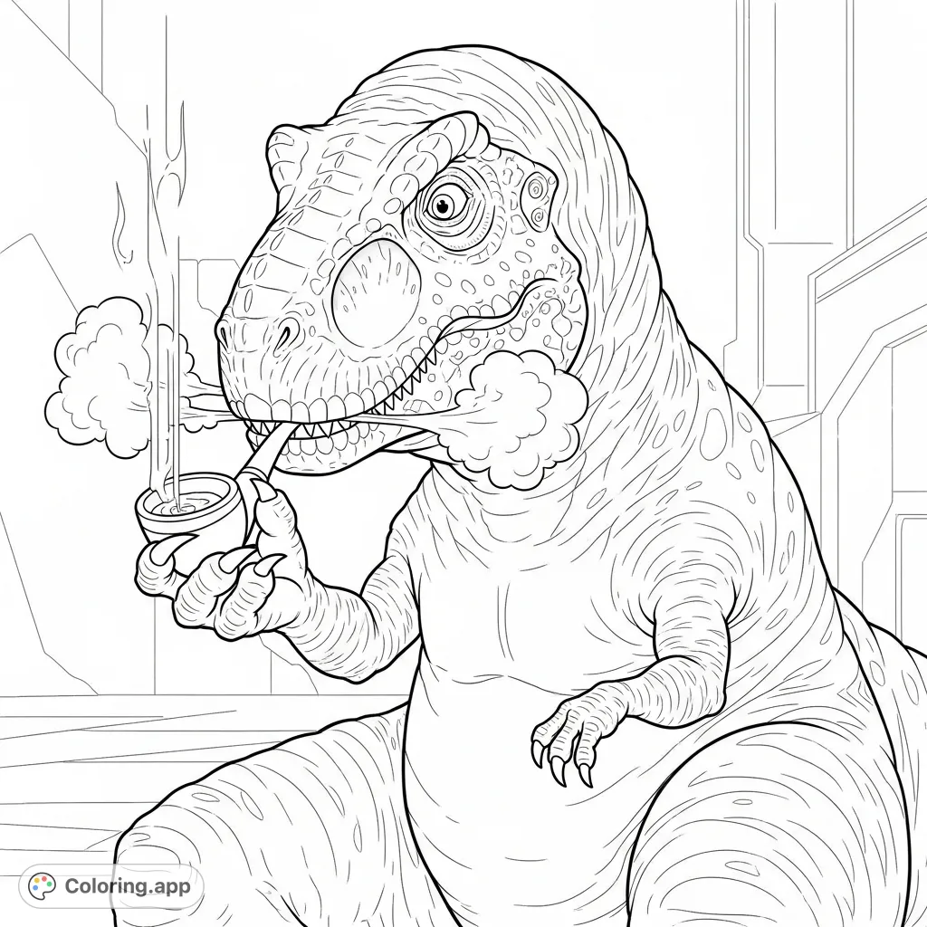 A detailed depiction of a large dinosaur engaged in a clandestine act, holding a pipe-like object and exhaling a cloud of vapor. An intriguing, mature theme.