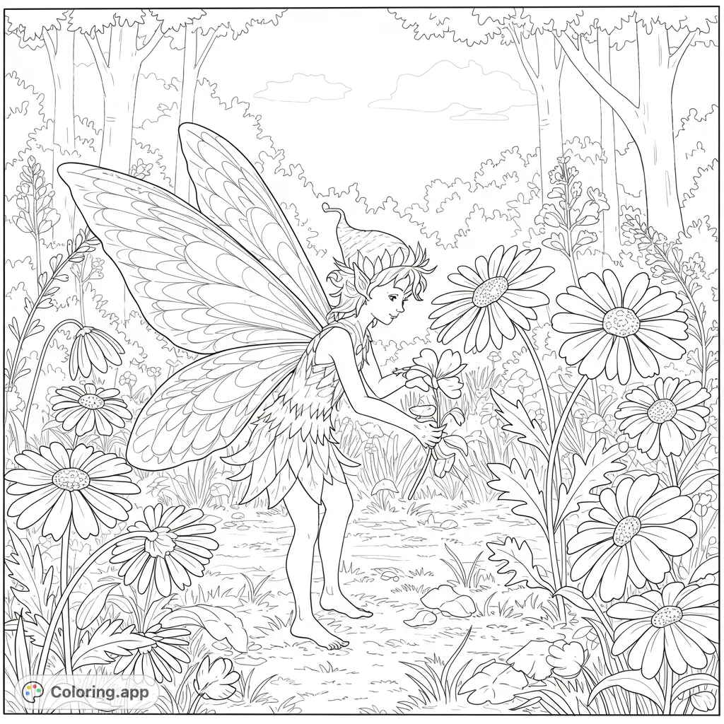 A whimsical fairy gently tending to daisies in a lush meadow, surrounded by enchanting forest details. Perfect for fantasy coloring.