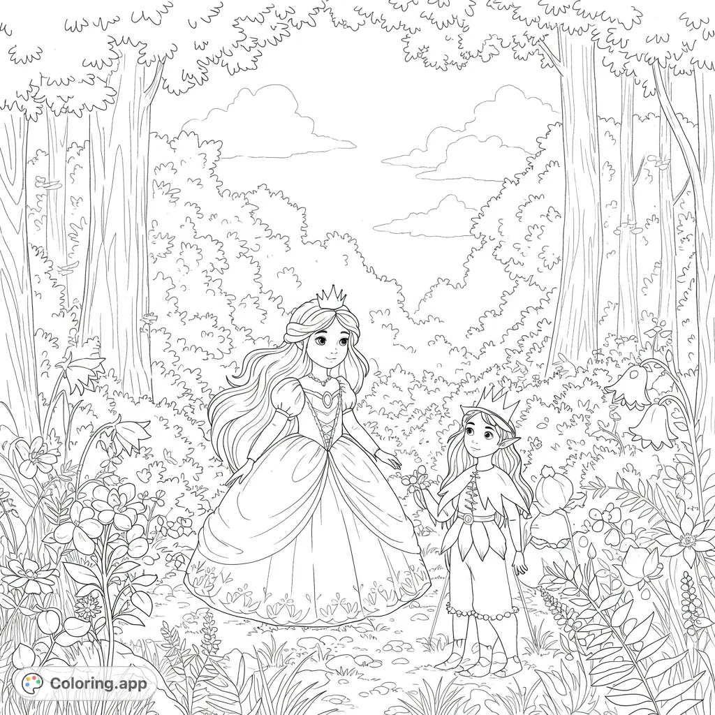 An enchanting princess and a whimsical fairy meet in a magical forest, surrounded by detailed flowers and tall trees. A delightful fantasy coloring page.
