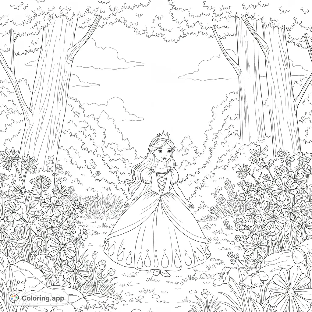 A beautiful princess in an elegant gown stands on a forest path, surrounded by lush wildflowers and tall trees. A charming fantasy scene.