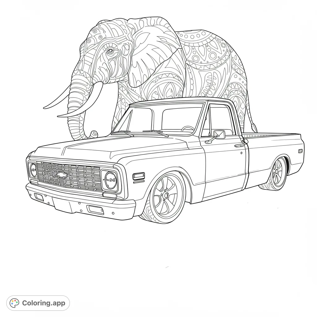 A unique vintage truck and intricately patterned elephant coloring page, perfect for all ages. Explore detailed designs and unleash your creativity!