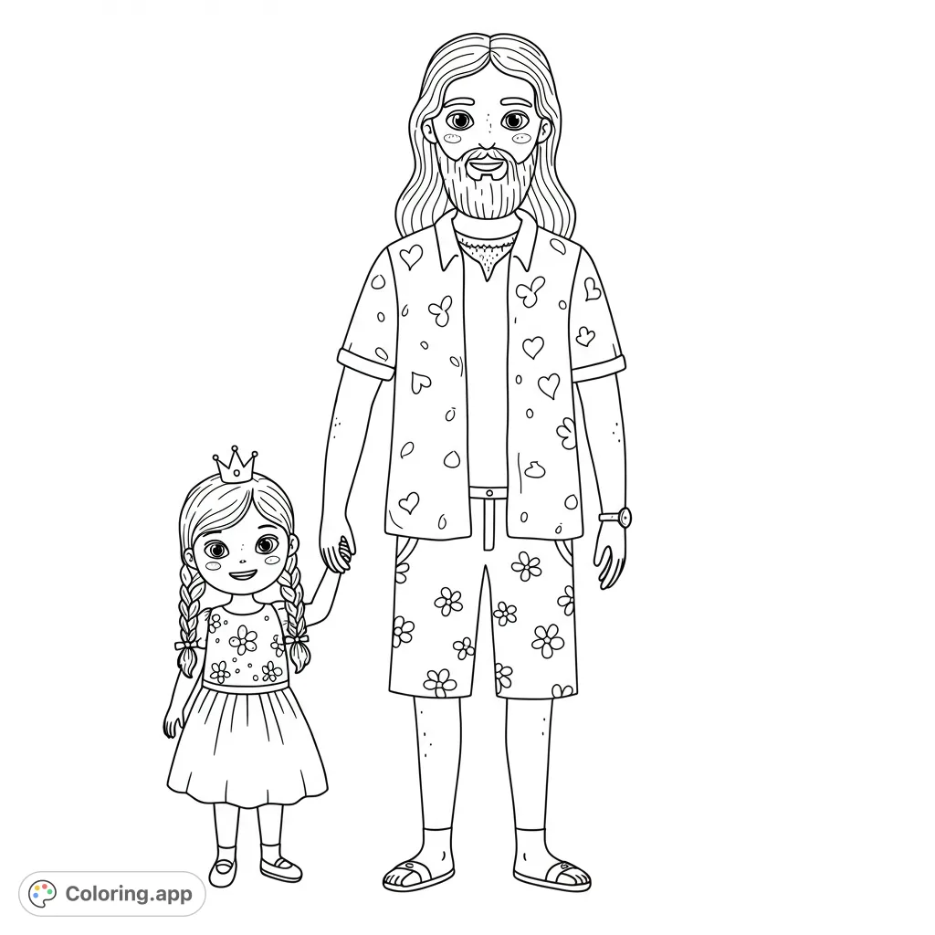 A heartwarming father and daughter duo, holding hands, ready for a fun day. A free printable family coloring page for kids and adults.