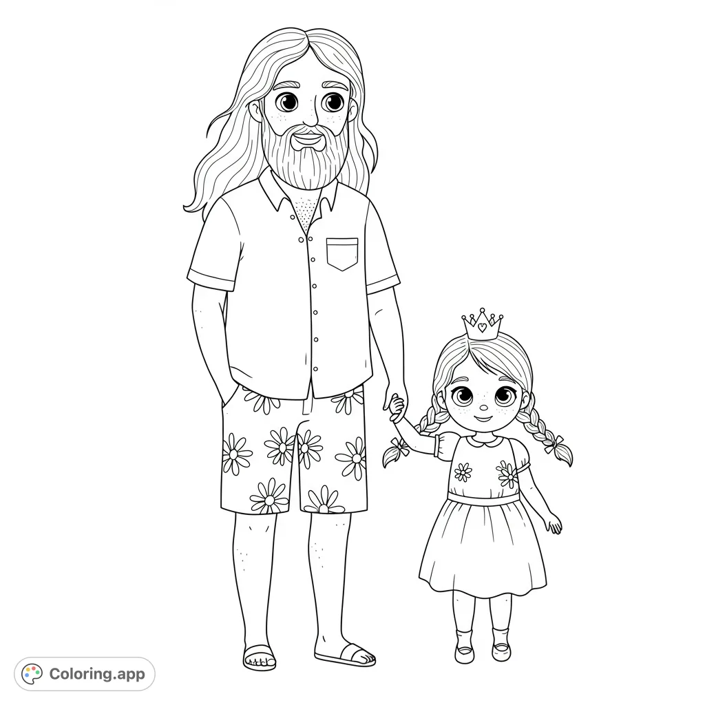 A heartwarming father daughter coloring page featuring a bearded man and a little girl with a crown, holding hands. Perfect for family fun!