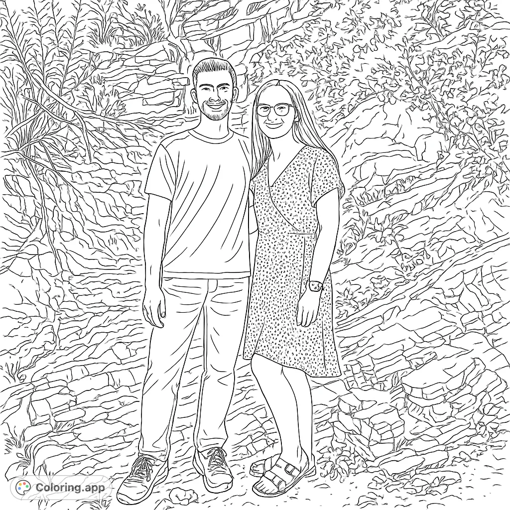 A charming couple stands smiling amidst a detailed rocky landscape with lush foliage, perfect for a personalized coloring experience.