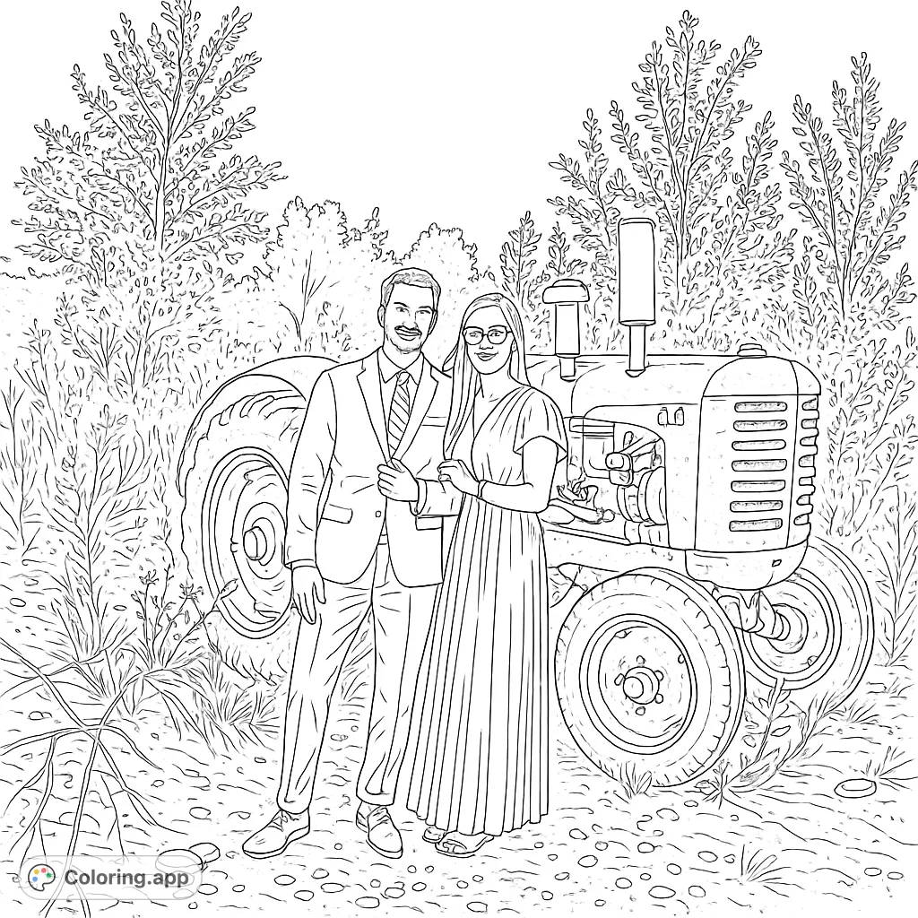 A smiling couple stands by a vintage tractor amidst lush rural foliage. A charming farm-themed coloring page for all ages.