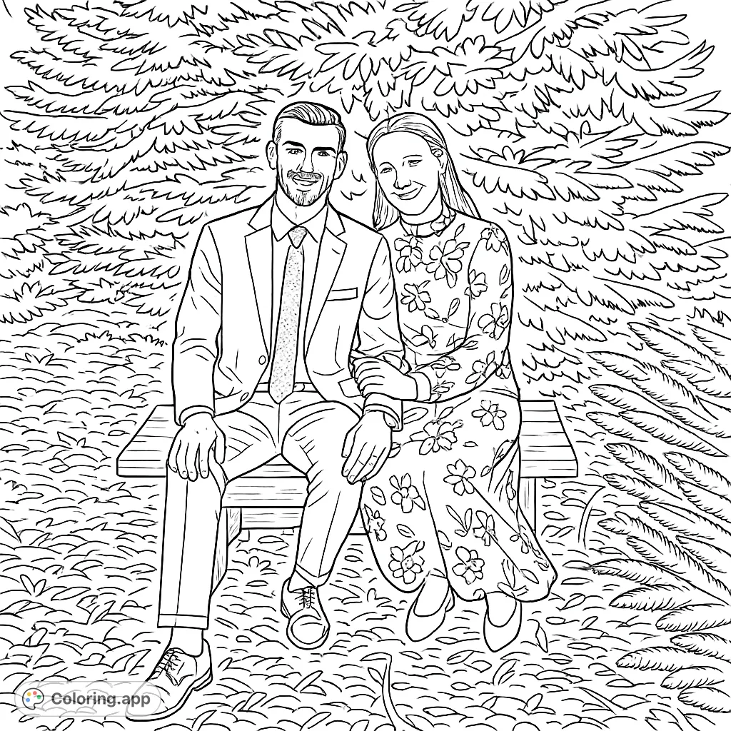 A charming couple smiles on a park bench amidst lush foliage. Perfect for a romantic coloring page, celebrating love and nature. Free printable.