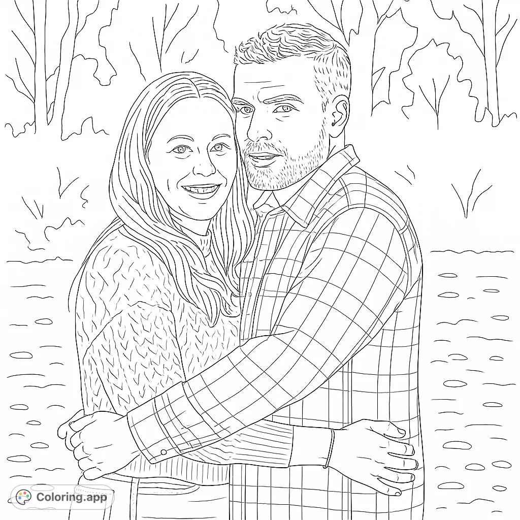 A heartwarming portrait of a couple embracing outdoors, featuring detailed clothing textures and a serene natural background. Perfect for a romantic coloring page.