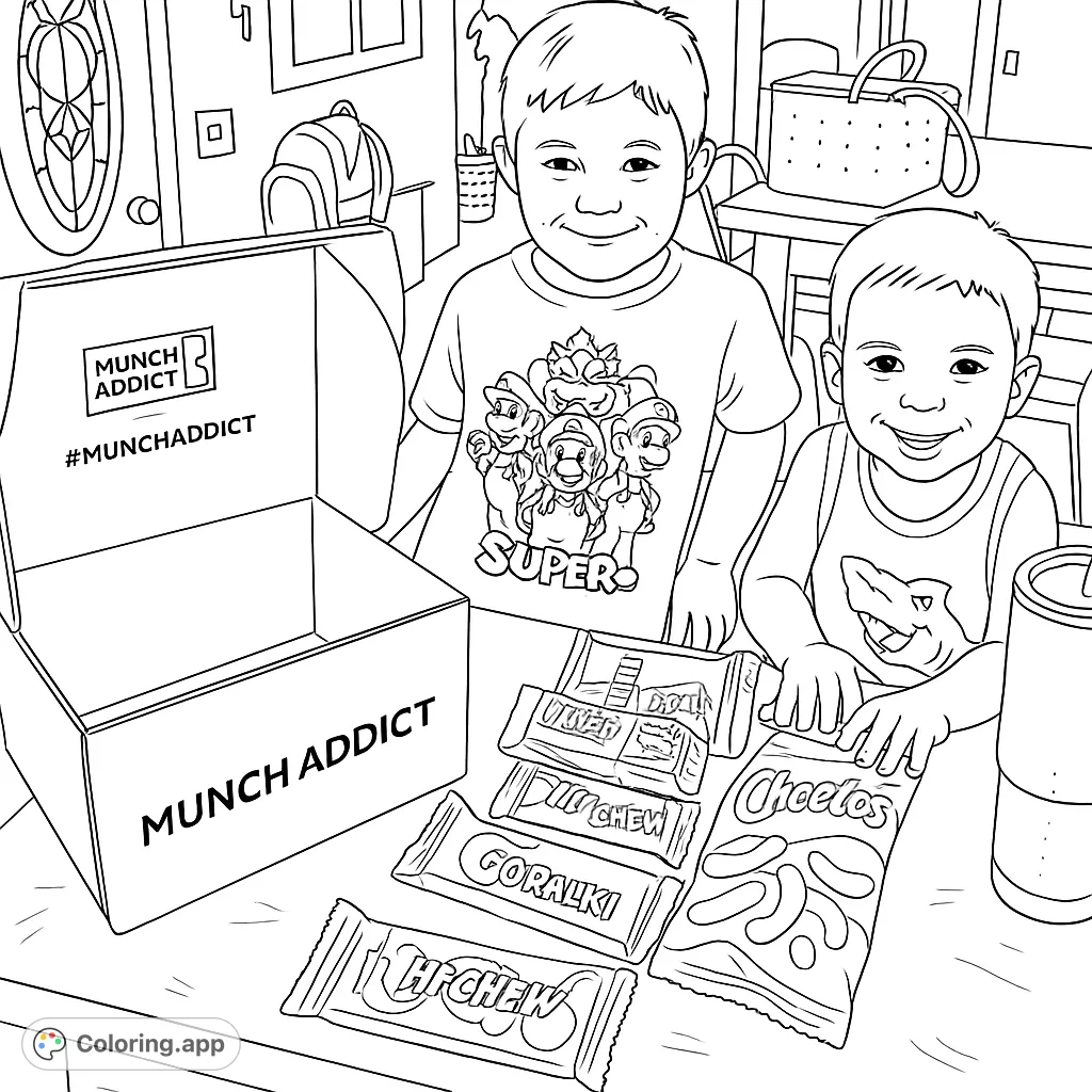 Two happy boys with an open snack box and various treats, ready for a fun coloring adventure. Perfect for kids and snack lovers!