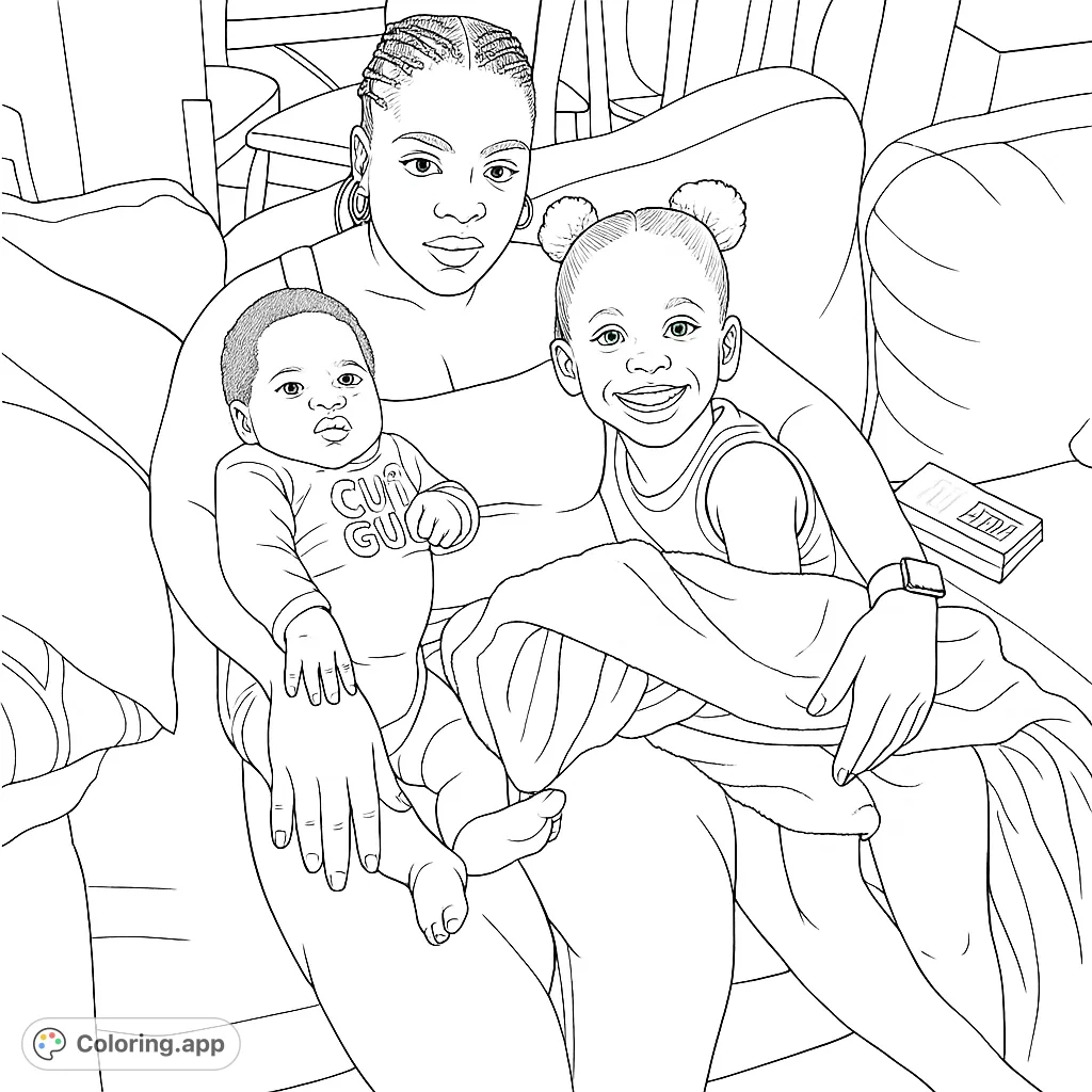 A heartwarming family coloring page featuring a mother embracing her baby and young daughter on a cozy couch. Perfect for all ages.