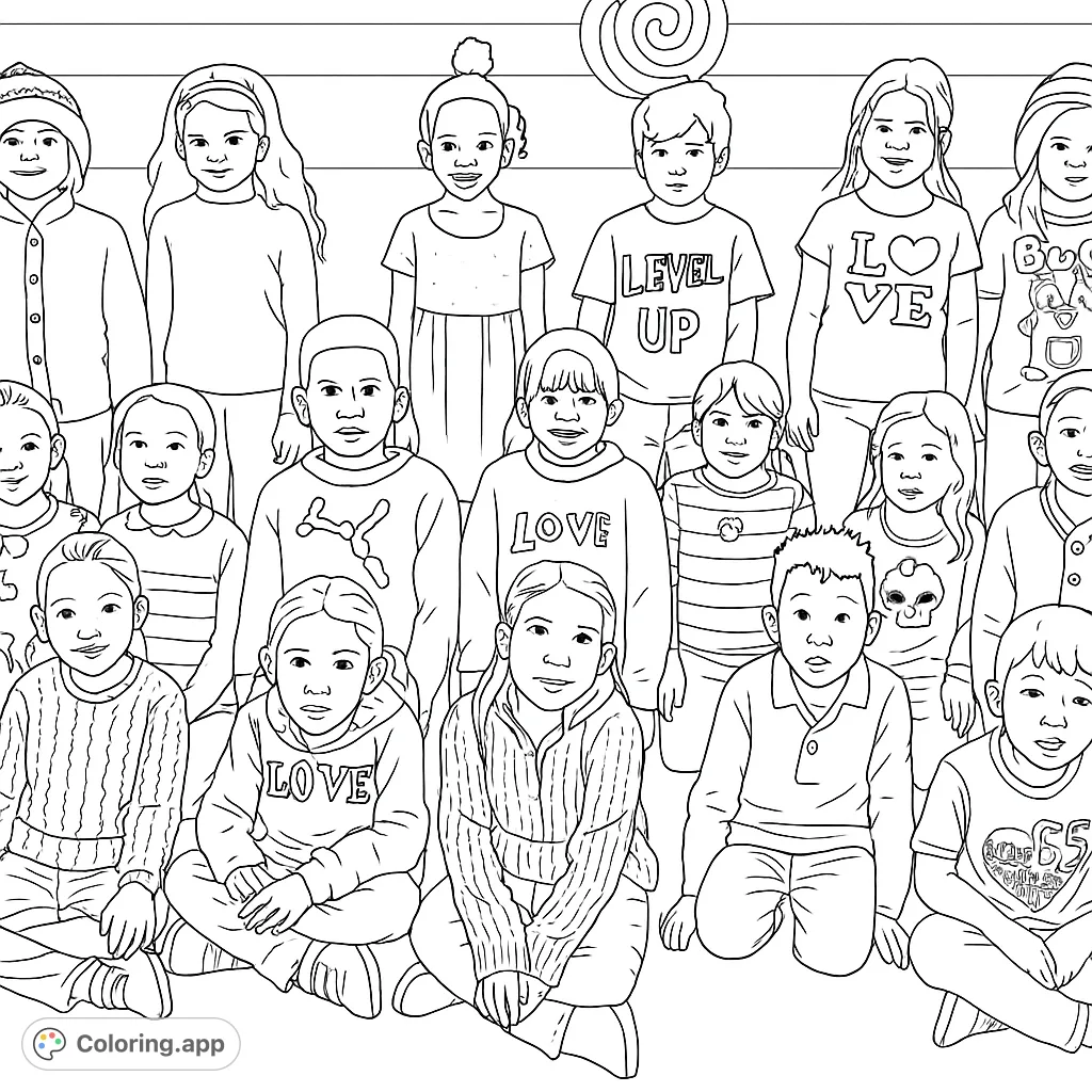A heartwarming free printable children coloring page featuring a diverse group of happy kids, perfect for fostering community and creativity. Ideal for all ages.