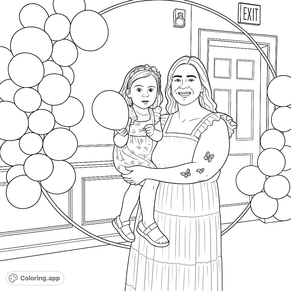 A heartwarming mother and child coloring page, featuring a joyful duo with balloons and a festive arch. Perfect for family-themed free printable coloring pages for kids and adults.