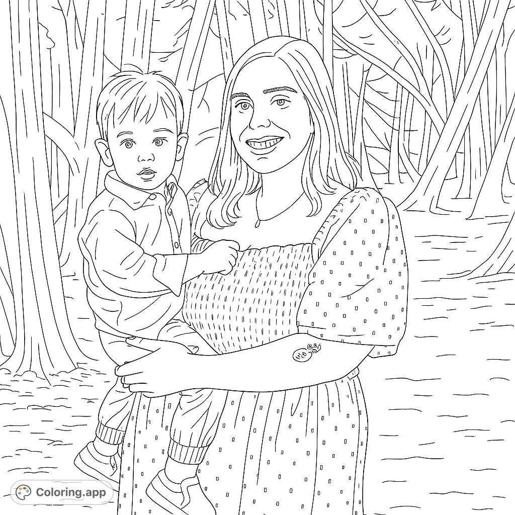 A heartwarming mother and child portrait in a serene forest, ideal for a free printable family coloring page, capturing a tender moment.