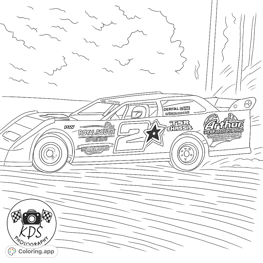Dynamic dirt track race car coloring page, ready for vibrant colors. Perfect for racing enthusiasts and a free printable coloring page for all ages.