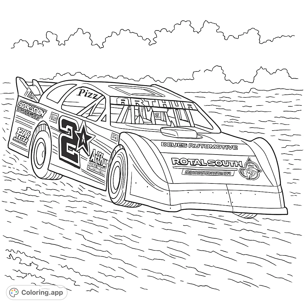 A thrilling stock car race coloring page featuring a powerful car speeding across a textured track under a cloudy sky. Perfect for speed enthusiasts.