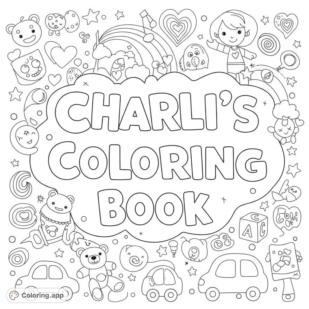 A delightful kids' coloring page featuring a central cloud surrounded by cute toys, hearts, stars, and a rainbow, perfect for imaginative play.
