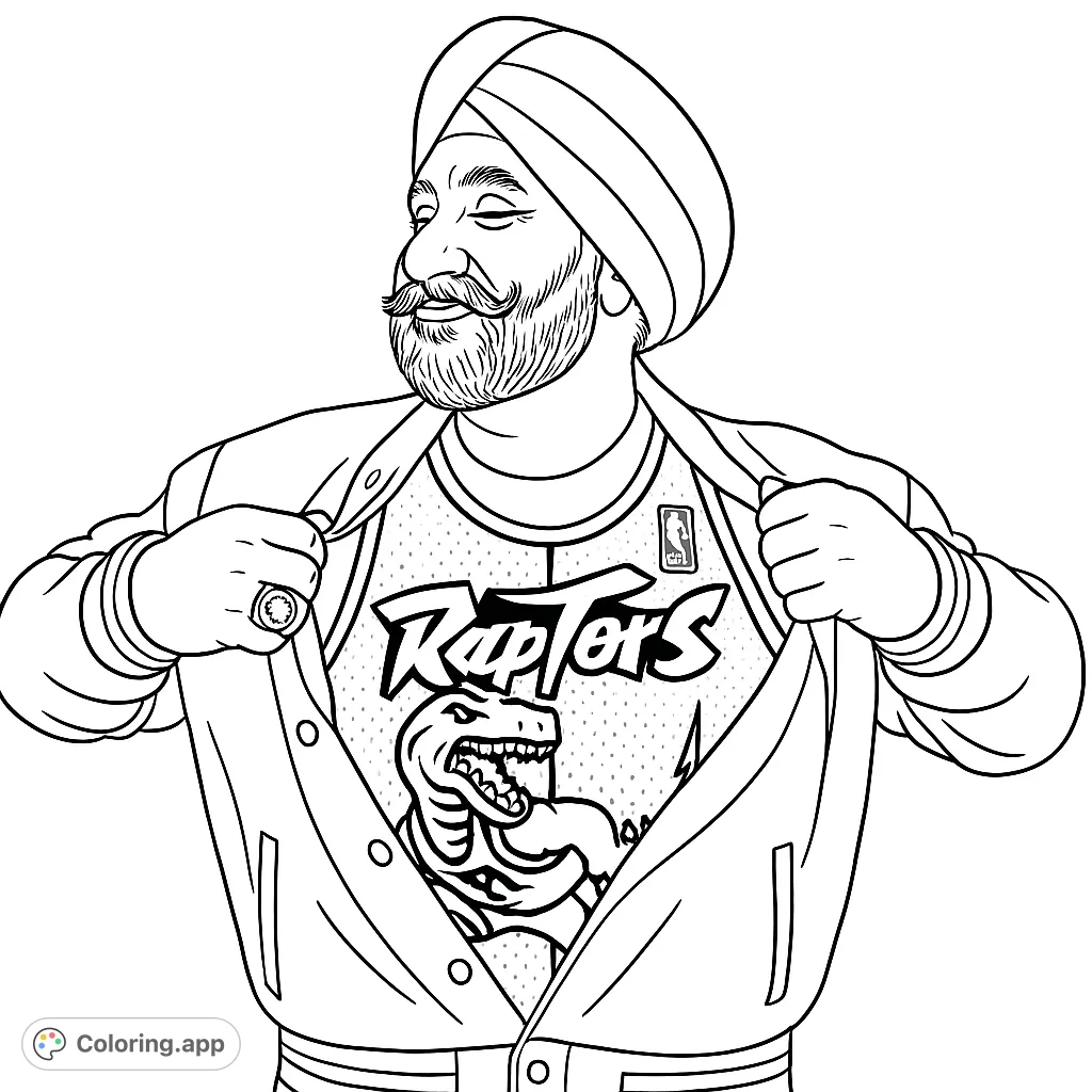 A proud basketball fan reveals his team spirit, pulling open his jacket to show a Raptors jersey. A dynamic sports fan coloring page.