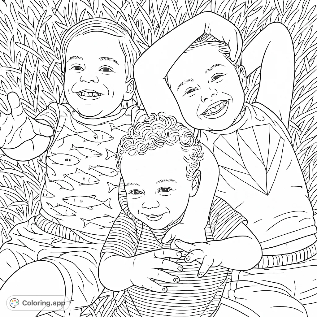 Three happy children smiling and embracing in a field of grass. A heartwarming free printable family coloring page for kids and adults.