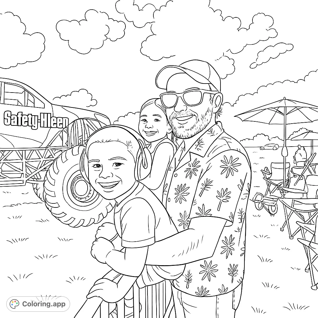 A joyful family at an outdoor event, featuring a dad and two kids with a monster truck and picnic area in the background. Perfect for all ages!
