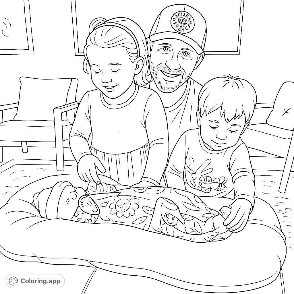 A heartwarming family scene featuring a father, two children, and a newborn baby in a cozy room. Perfect for celebrating new arrivals and family bonds.