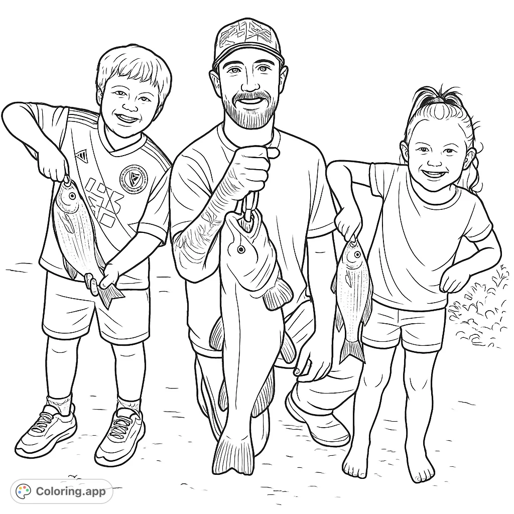 A heartwarming fishing coloring page featuring a dad and two happy kids proudly showing off their catches. Perfect for family fun!