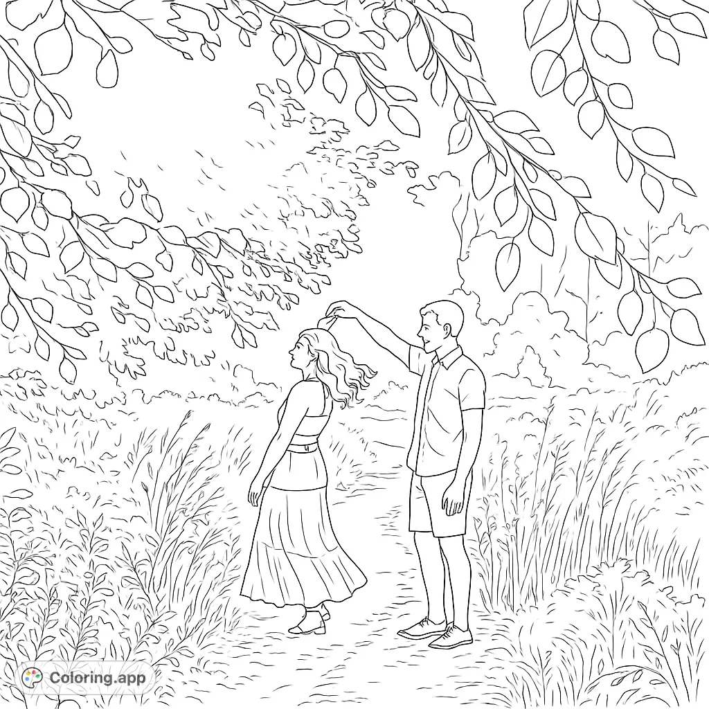 Romantic couple dancing in a serene woodland setting. A beautiful nature coloring page, free printable, perfect for adults and teens.
