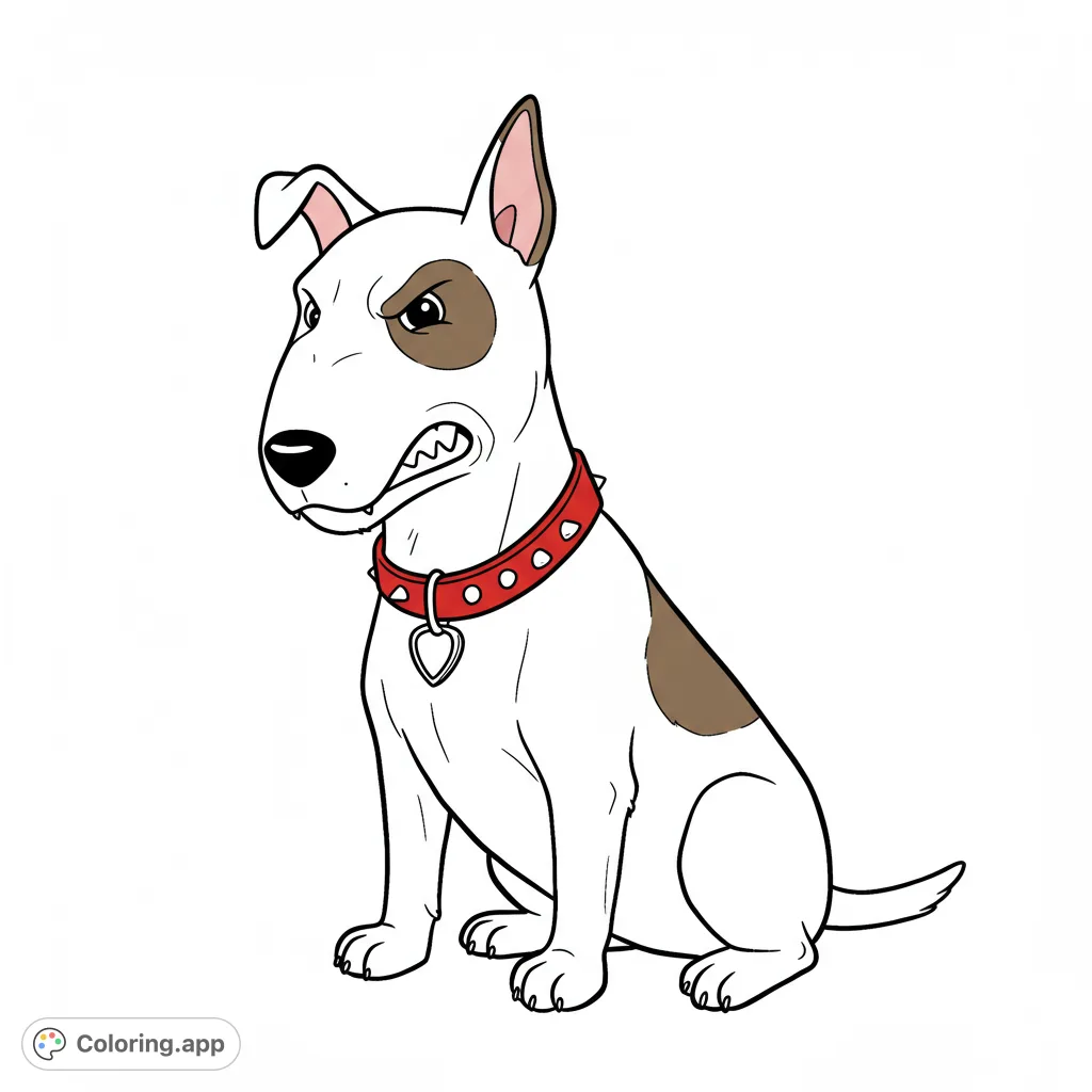Unleash your creativity with this fierce bull terrier coloring page! Features an angry dog with a spiked collar, perfect for bold colors.