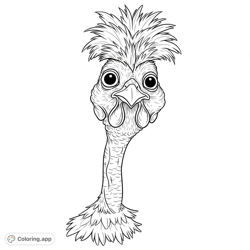 A hilarious crested chicken with big eyes and a fluffy head, perfect for a fun farm animal coloring page. Free printable for kids and adults!