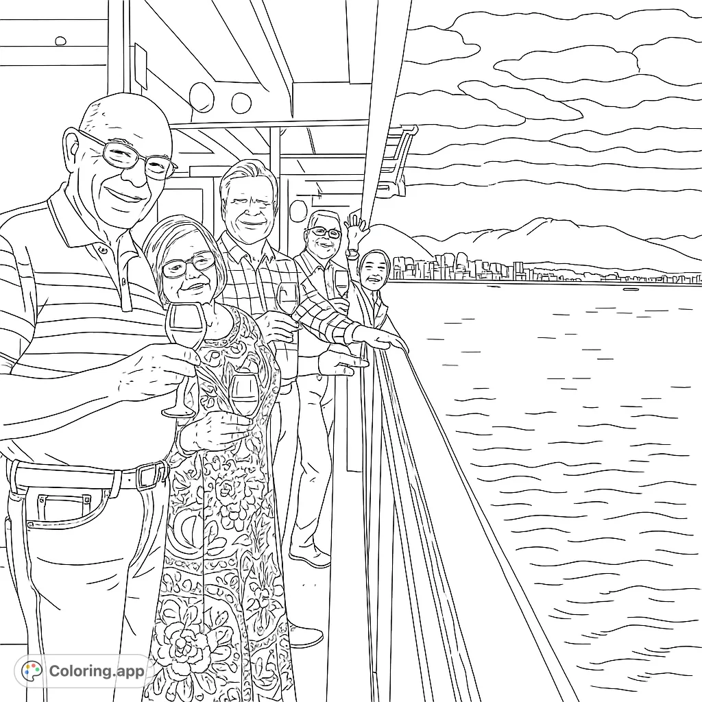 Joyful group of friends on a boat, toasting with wine glasses against a scenic city and mountain backdrop. A perfect free printable cruise coloring page.