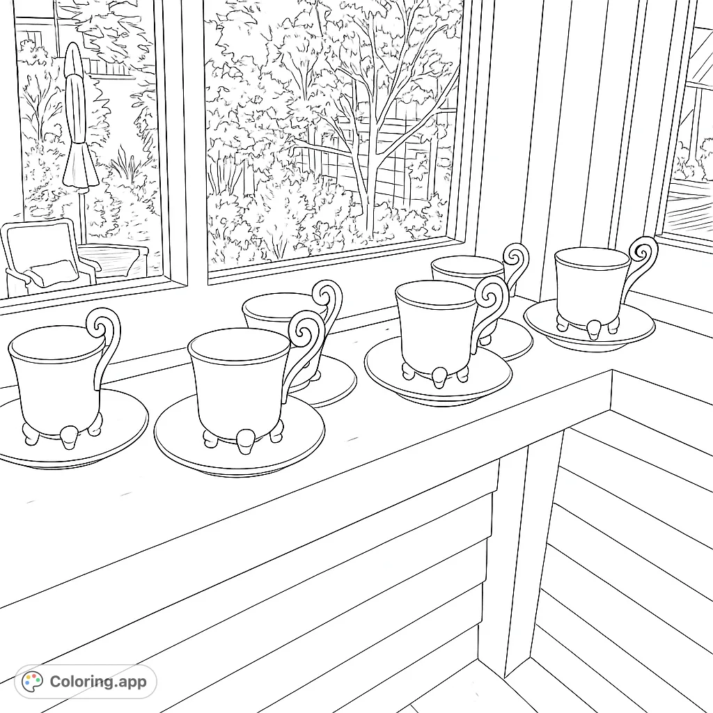 Five charming teacups with unique scrolled handles and feet sit on a windowsill, overlooking a lush garden scene with an umbrella and chair.