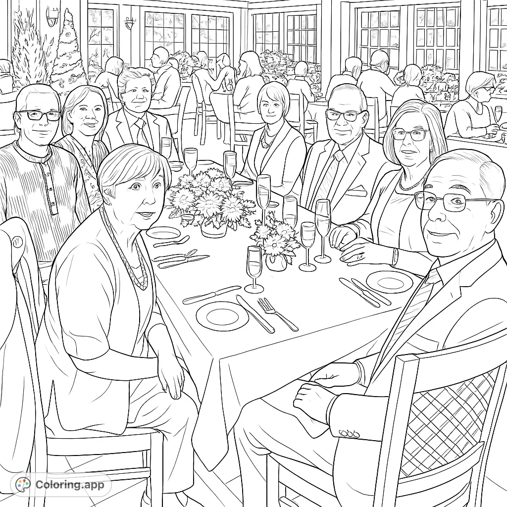 An elegant restaurant gathering coloring page featuring adults enjoying a formal dinner, with detailed table settings and a lively background.