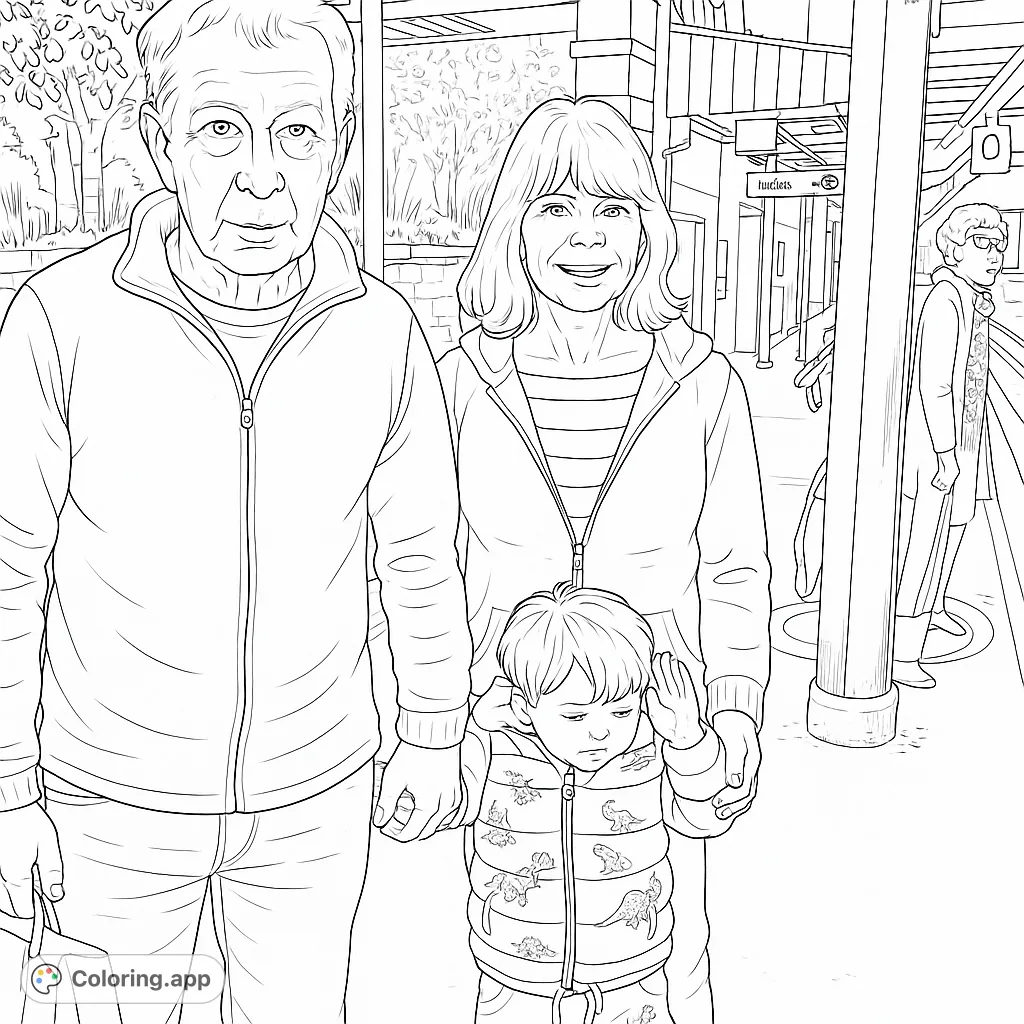 A heartwarming family outing coloring page featuring grandparents and their grandchild at a bustling station, perfect for all ages to enjoy and personalize.