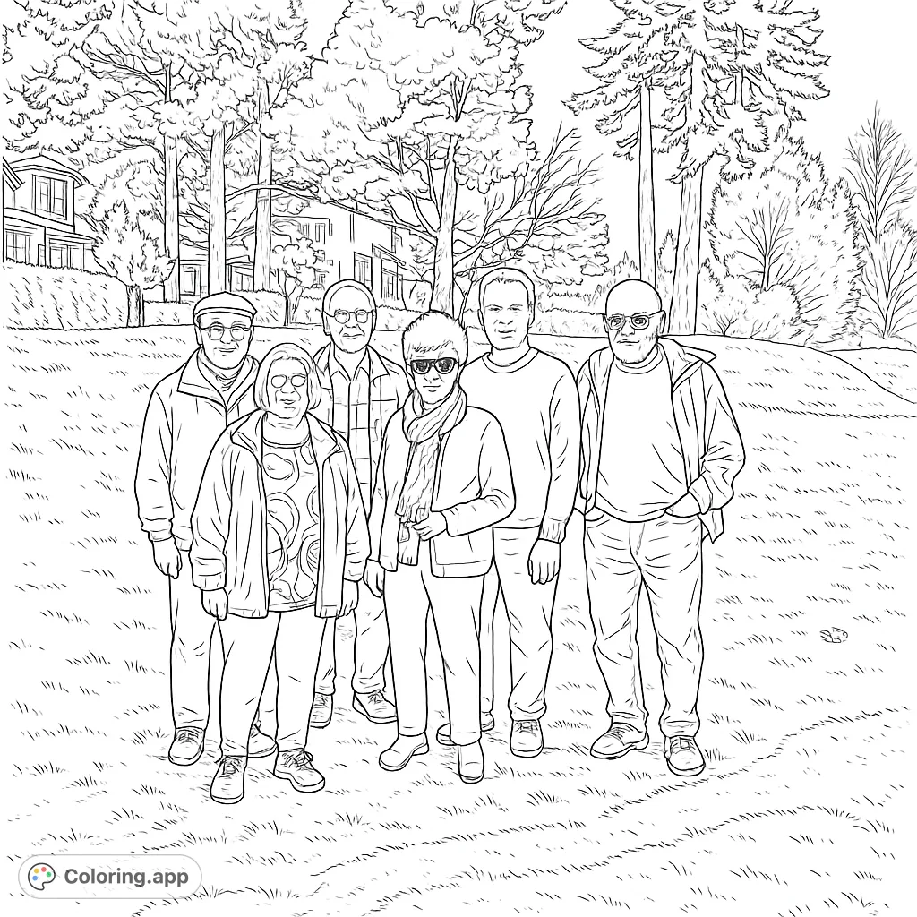 A group of six adults stands together in a park setting, surrounded by trees and distant houses, offering a personalized coloring experience.