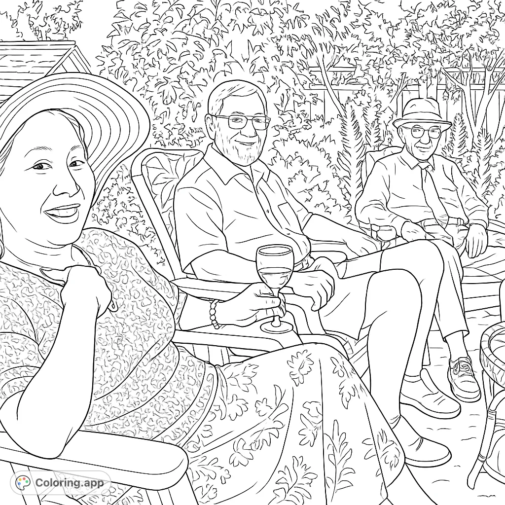 A delightful garden gathering coloring page featuring three friends relaxing outdoors, perfect for unwinding and adding vibrant colors to their leisurely day.