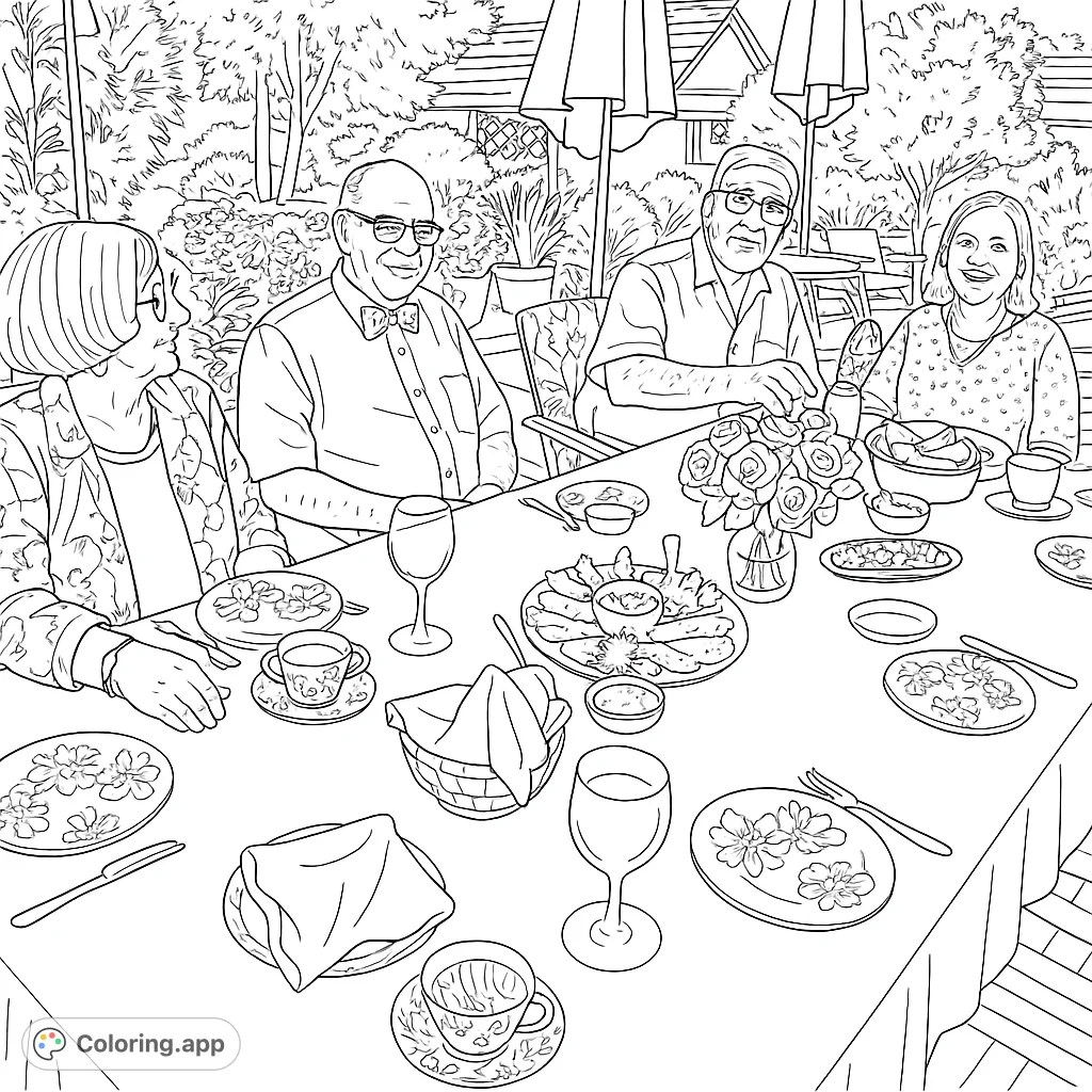A delightful outdoor gathering with four friends enjoying a meal at a beautifully set table amidst a lush garden. Perfect for all ages!