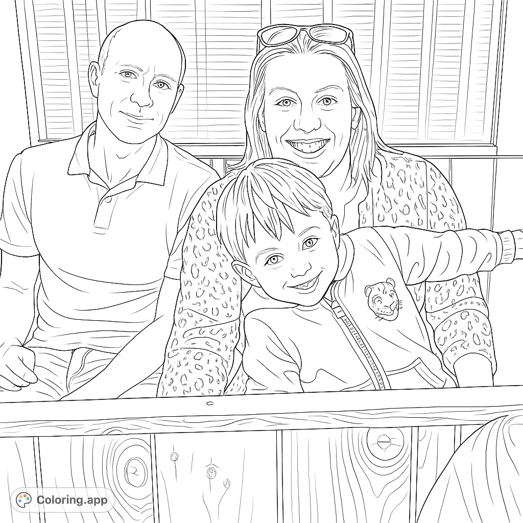 A heartwarming family portrait coloring page featuring a smiling mother, father, and their happy child, perfect for a free printable coloring page.