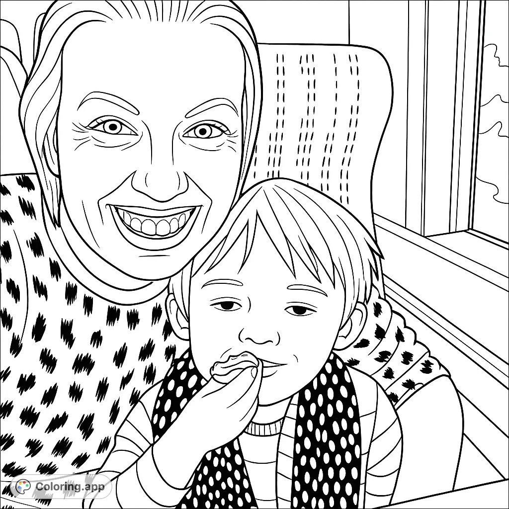 Capture a heartwarming family travel moment with this free printable coloring page featuring a smiling adult and a child enjoying a snack on a journey. Perfect for all ages!