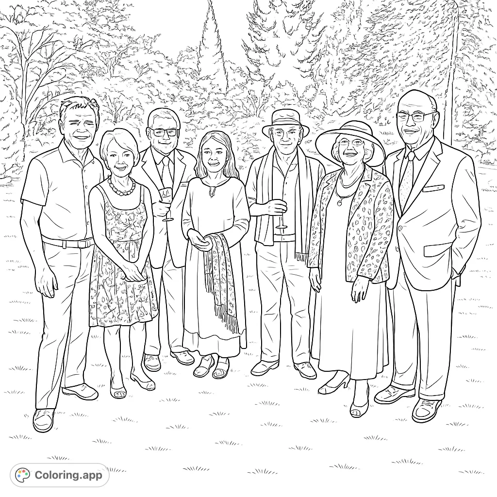 A delightful outdoor group portrait featuring seven smiling adults amidst a lush park setting. Perfect for a relaxing coloring experience.