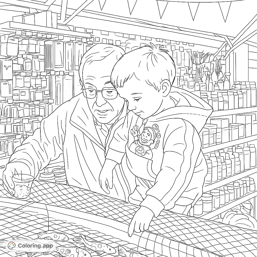 Explore a heartwarming market scene coloring page featuring a grandpa and grandson discovering fish. A free printable coloring page for all ages.